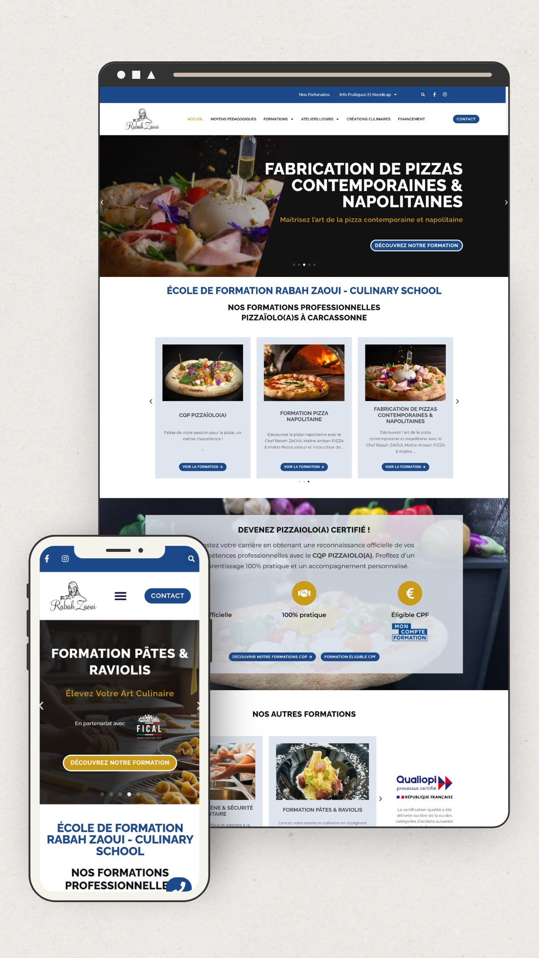 Refonte du site internet d'une école de formation de pizzeria à Carcassonne, réalisé avec Elémentor Pro.