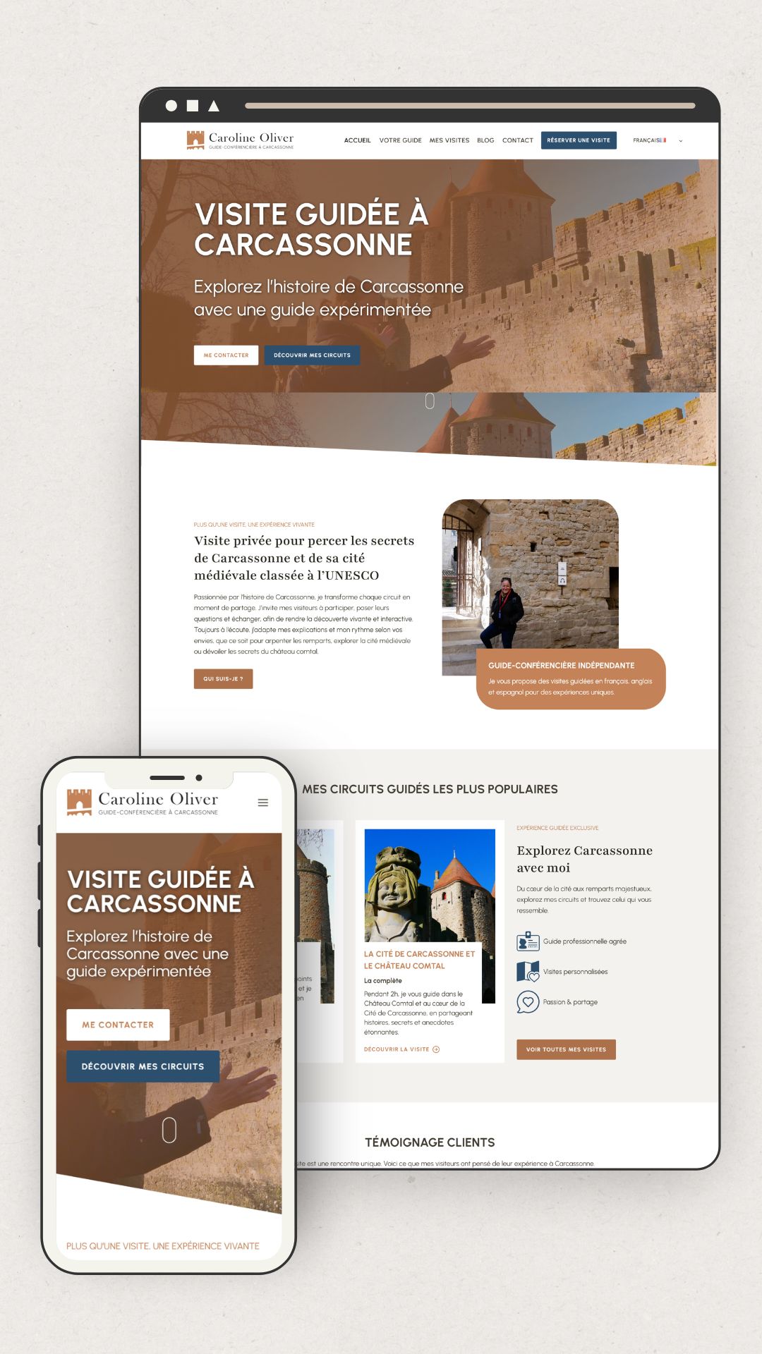 Mockup du site web d'une guide conférencière à Carcassonne avec réservation en ligne.